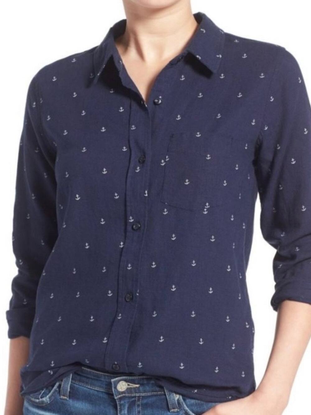 Rails Navy Blue Anchor Print Charli Linen Blend Button Up Shirt Sz.XS
